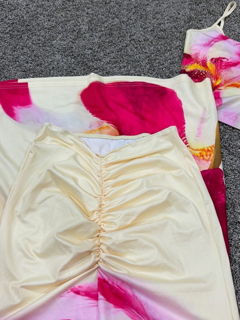 SHEIN Cream and Hot Pink Floral Ruched Skirt Set